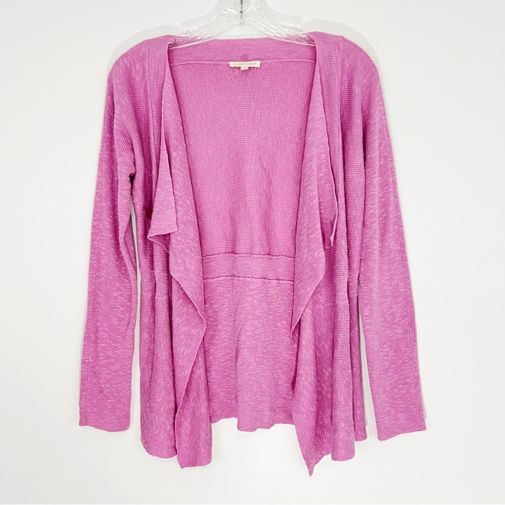 Eileen Fisher Linen Cotton Waterfall Drape Open Front Cardigan Bubblegum Pink XS
